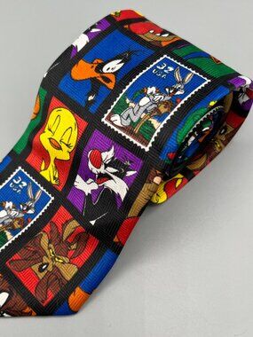Vintage 90s NWT Deadstock Looney Tunes X Postal Service Stamp Collection Necktie